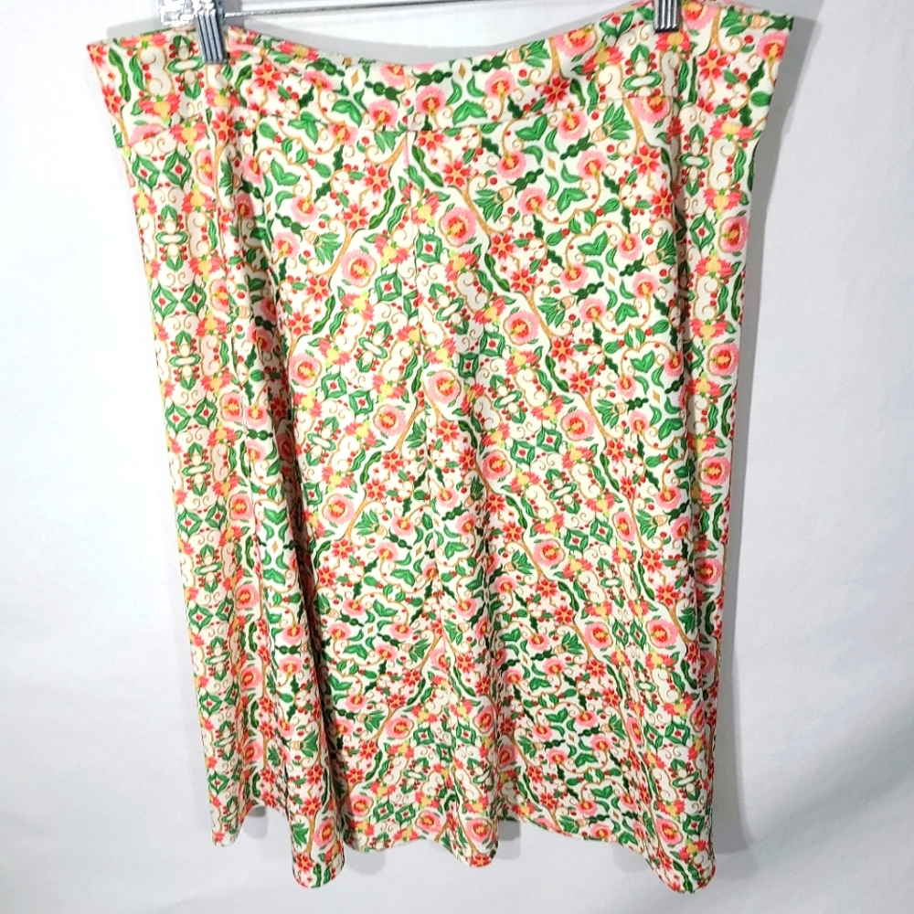 Kate Kasin Women's Size XXL Floral Skirt White Pink Green Tan Career